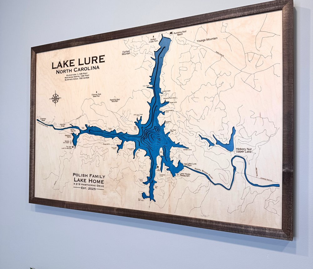 Lake Lure depth-contour wood map listed in the marketplace