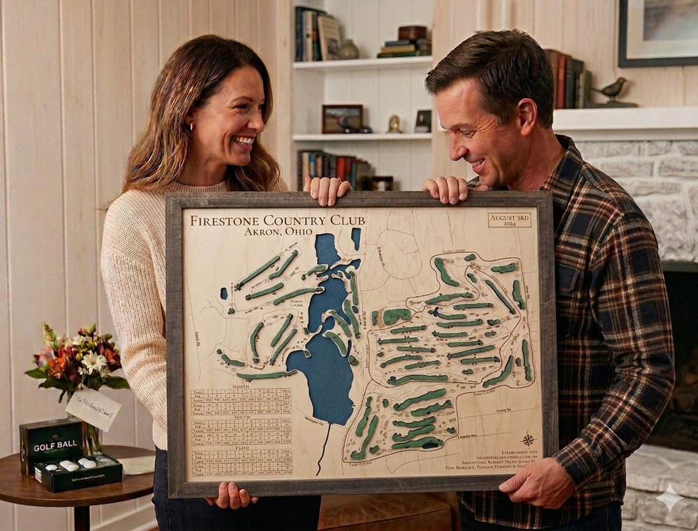 Couple holding a custom golf course wood map