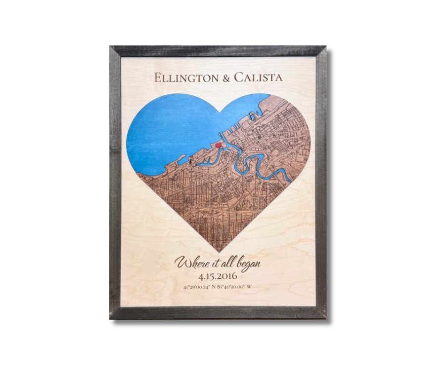 Two-location heart-shaped wood map wedding gift