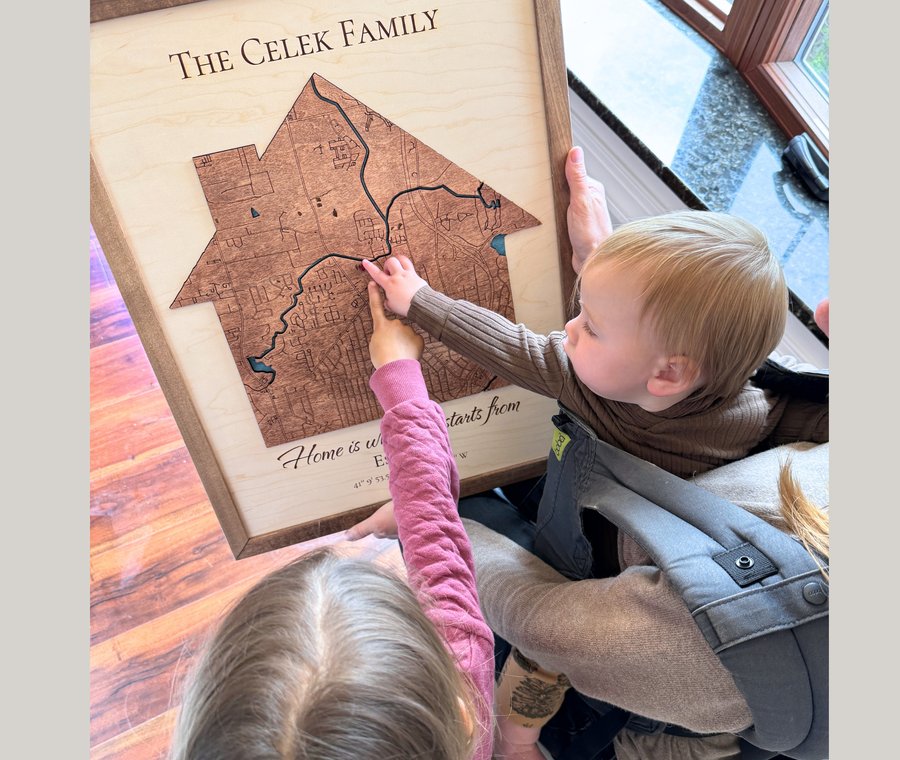 House-shaped custom map housewarming gift
