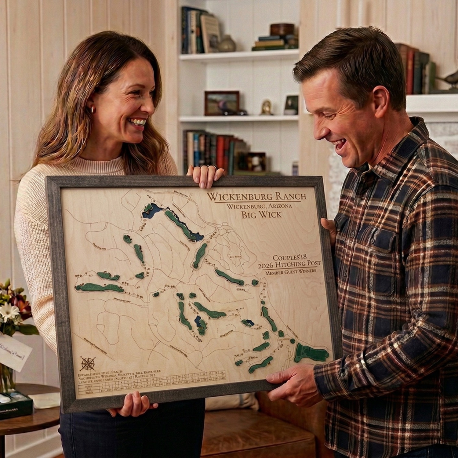 Couple with their custom Wickenburg Ranch golf course wood map