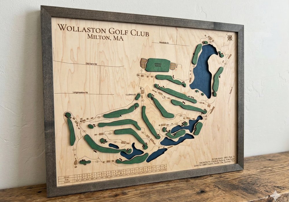 Custom Wollaston Golf Club wood map with green fairways