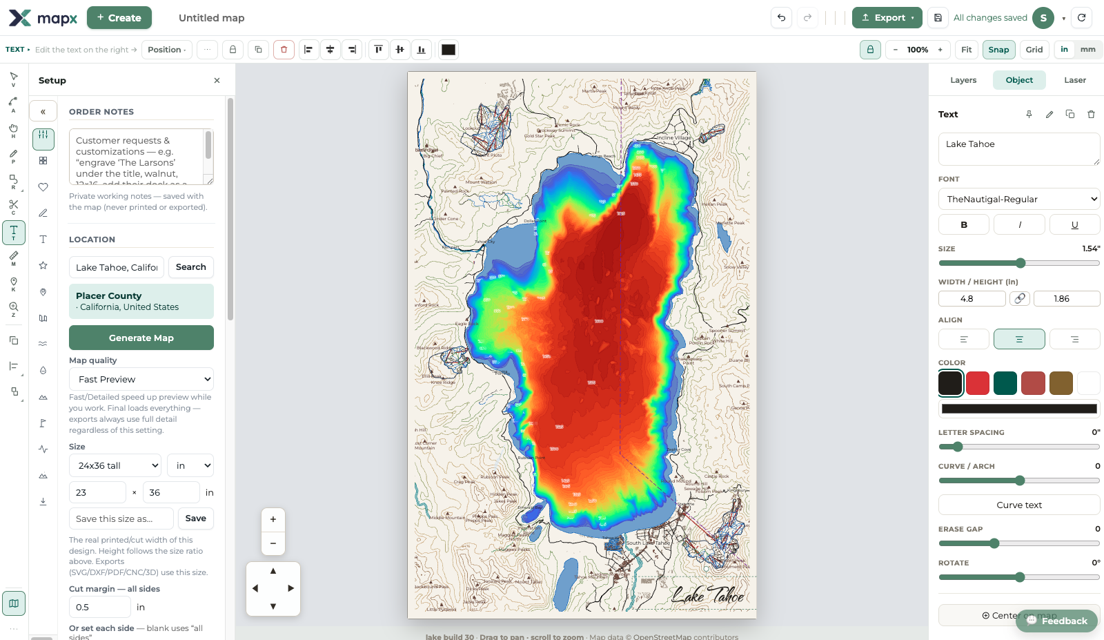 A Lake Tahoe depth map designed in the mapx browser editor