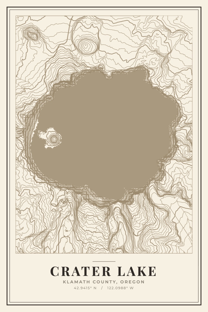Crater Lake, Oregon topographic art print