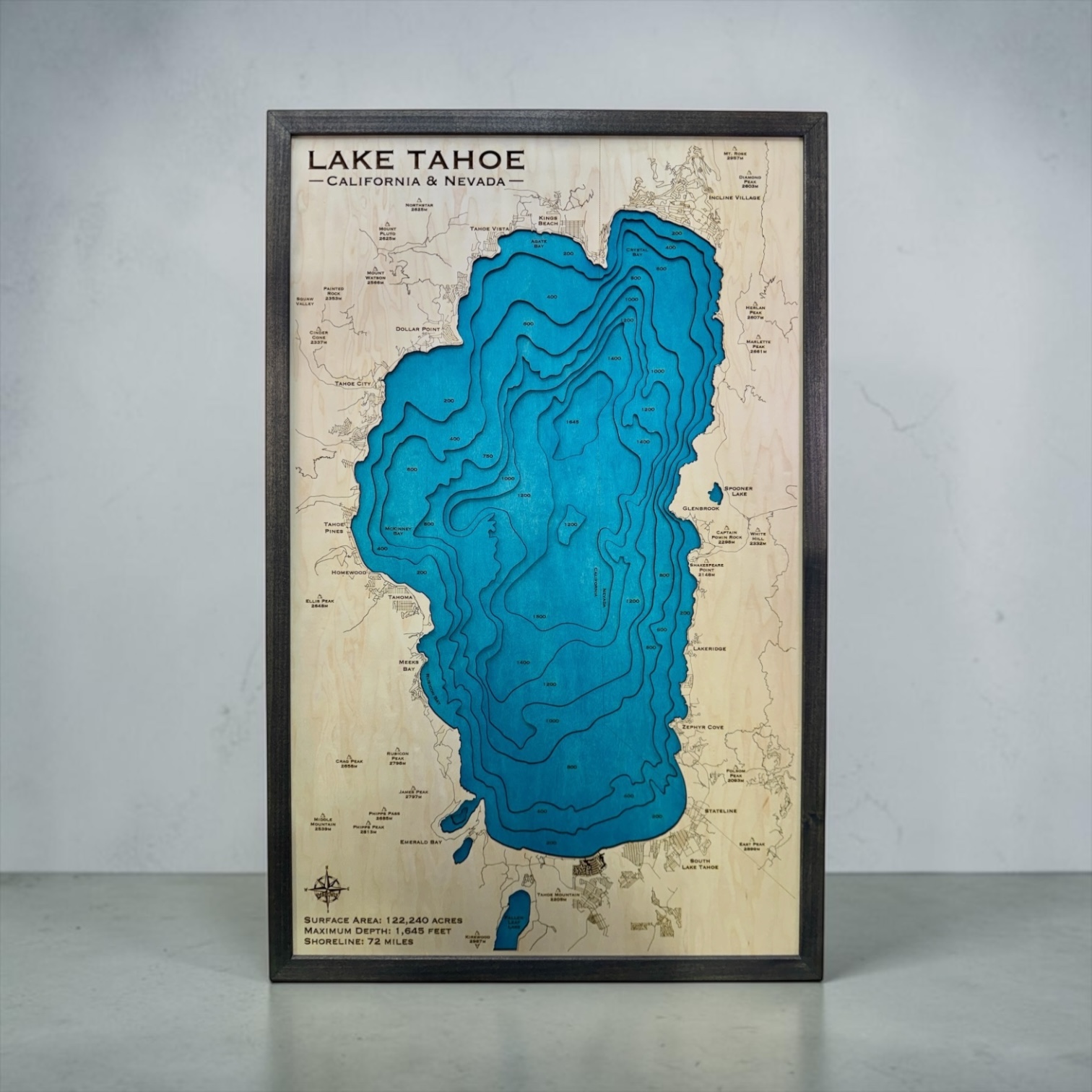 A finished laser-cut wood Lake Tahoe depth map